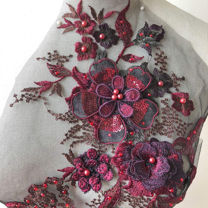 gelvs Blossom 3D Flower Applique, Beaded Sequins Flower LACE Patch Bridal Wedding Dress Embossed Beading Embroidery lace Appliques Motif Sewing Craft (Burgundy) - Image 4